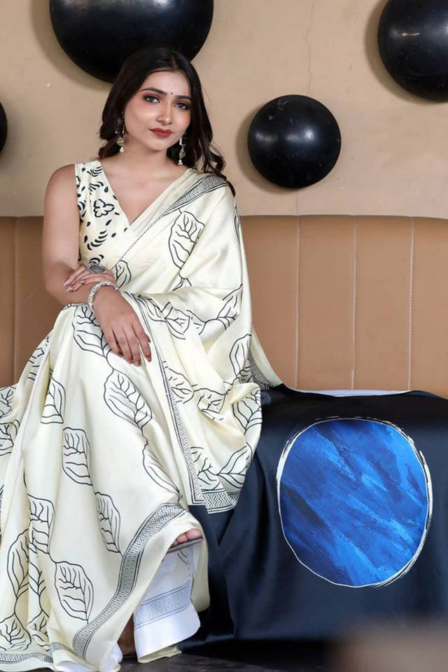 White Printed Satin Saree