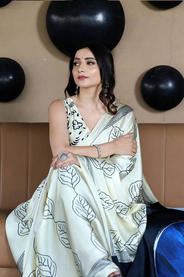 White Printed Satin Saree
