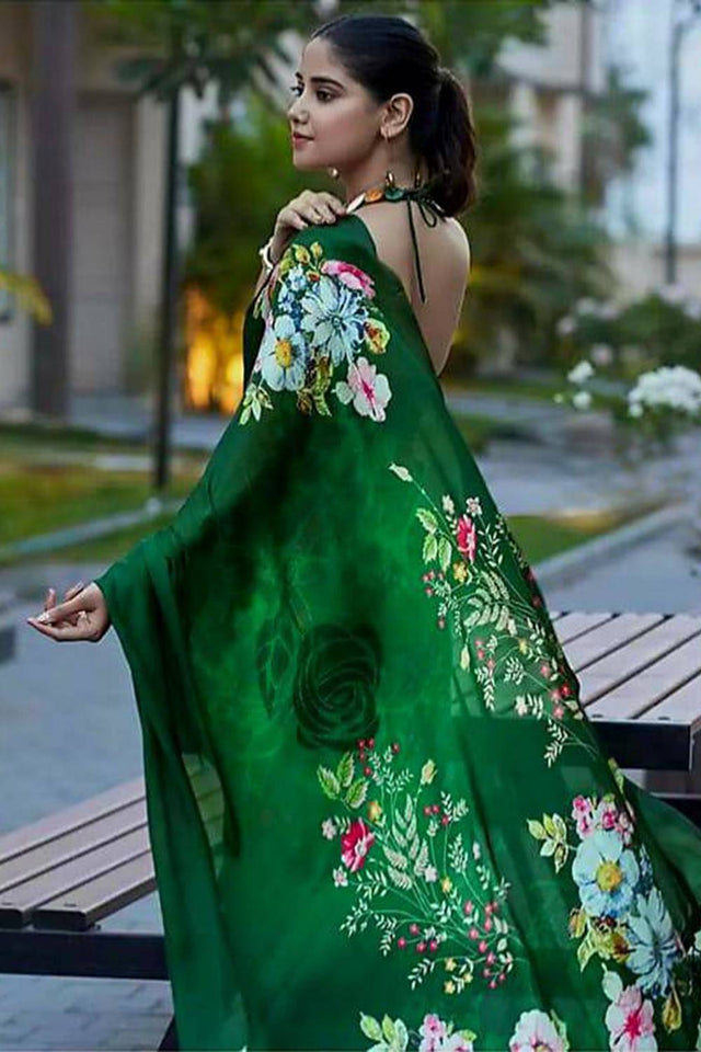Green Floral Printed Satin Saree