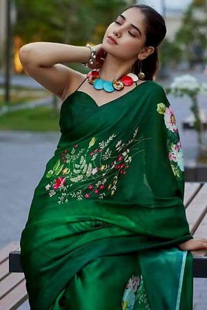 Green Floral Printed Satin Saree