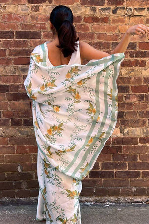 White Floral Printed Satin Saree