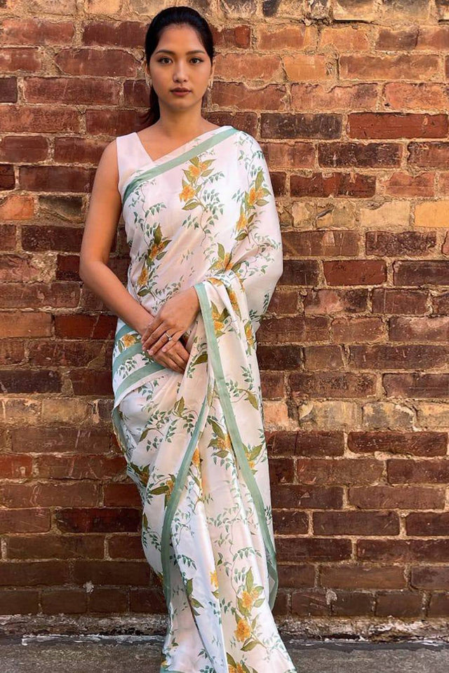 White Floral Printed Satin Saree