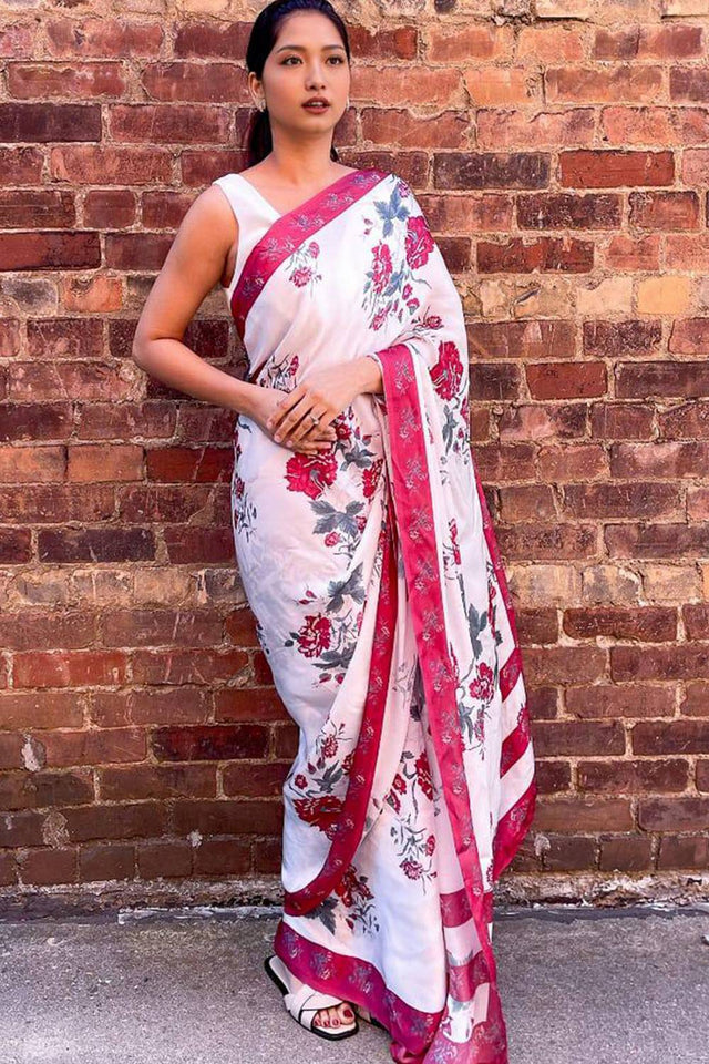 White Floral Printed Satin Saree