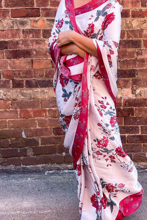 White Floral Printed Satin Saree