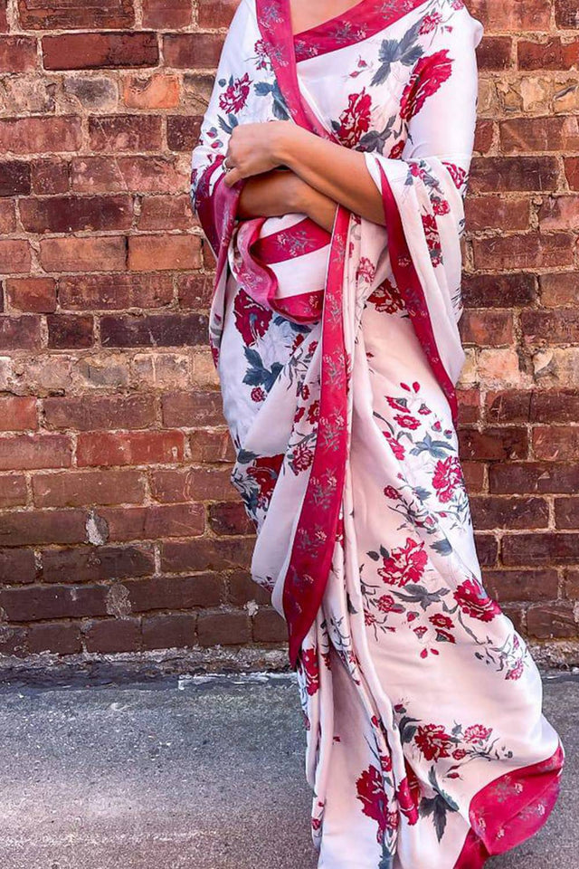 White Floral Printed Satin Saree
