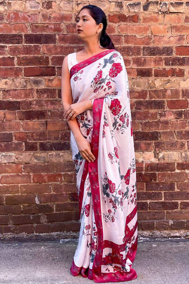 White Floral Printed Satin Saree