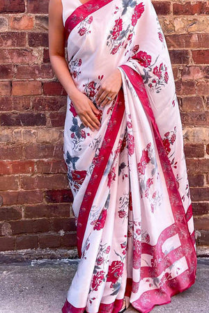 White Floral Printed Satin Saree