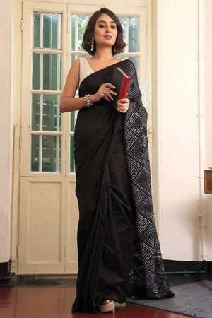 Black Printed Satin Saree