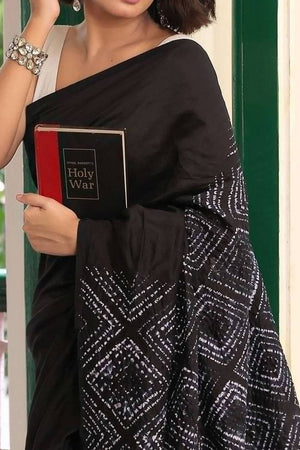 Black Printed Satin Saree