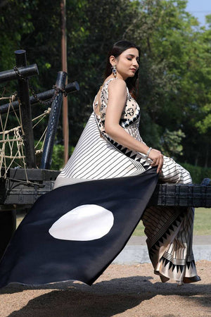 White Printed Satin Saree