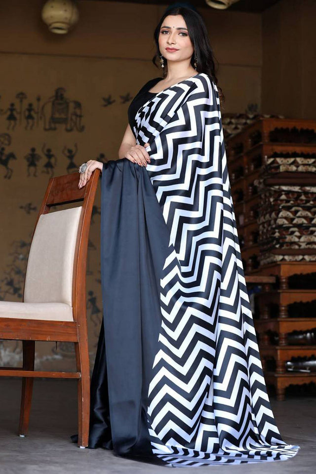 Black Printed Satin Saree