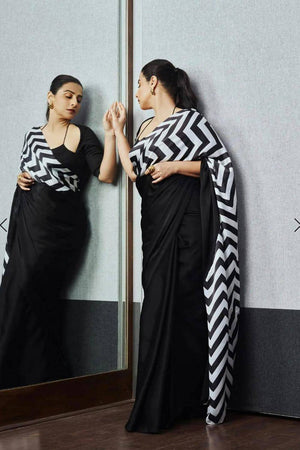 Black Printed Satin Saree