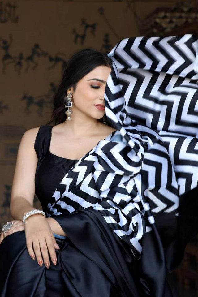 Black Printed Satin Saree