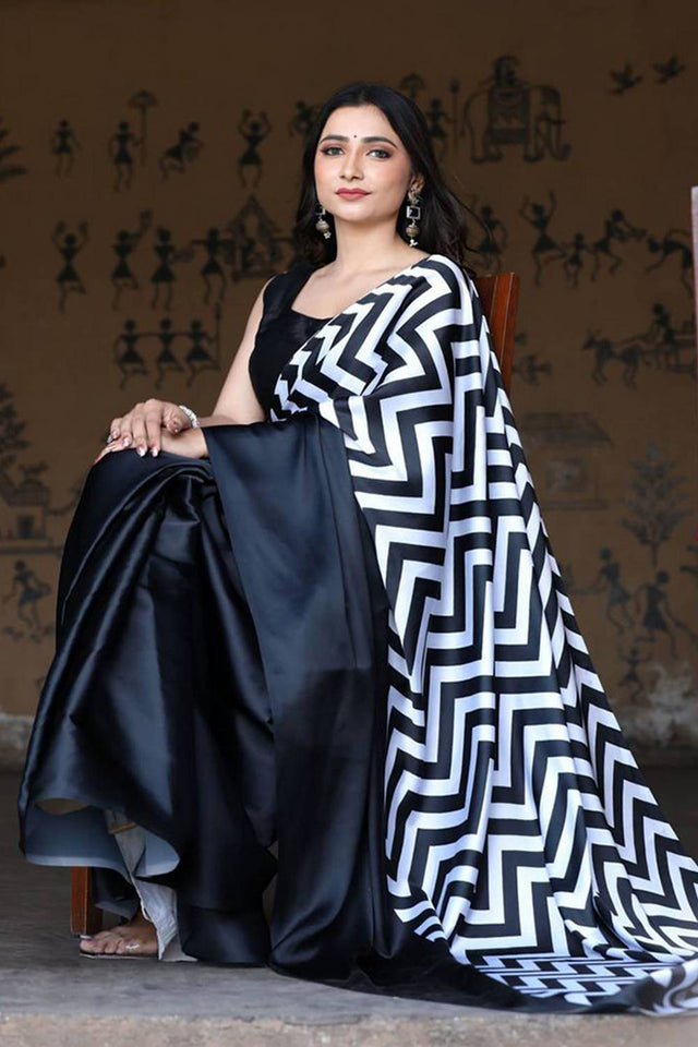 Black Printed Satin Saree