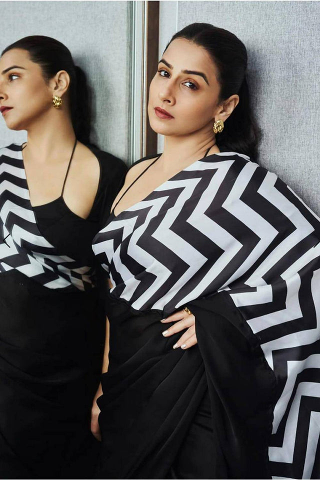 Black Printed Satin Saree