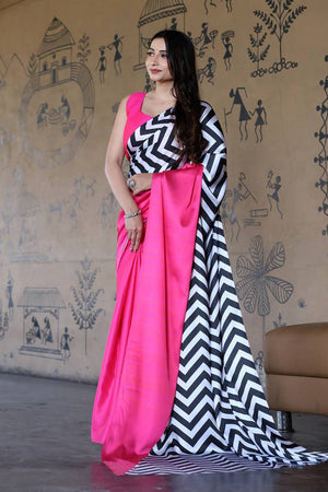 Pink Printed Satin Saree (Sudha-130-A)