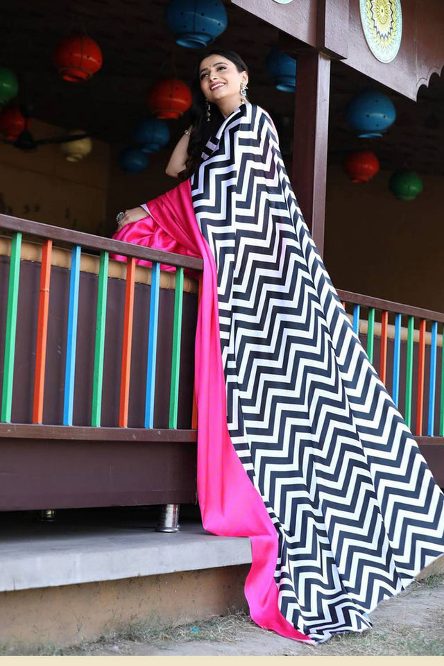 Pink Printed Satin Saree (Sudha-130-A)