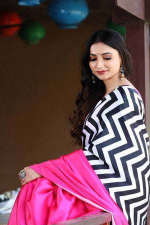 Pink Printed Satin Saree (Sudha-130-A)