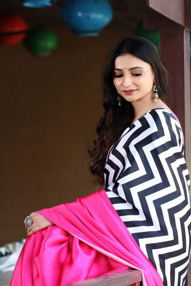 Pink Printed Satin Saree (Sudha-130-A)