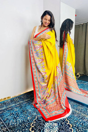 Yellow Printed Satin Saree