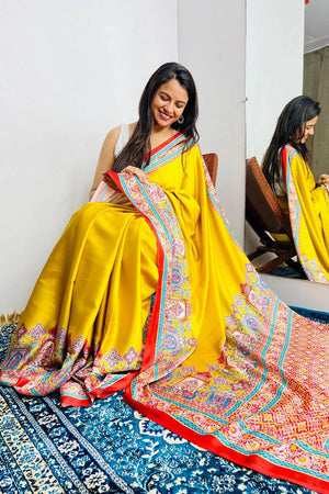 Yellow Printed Satin Saree