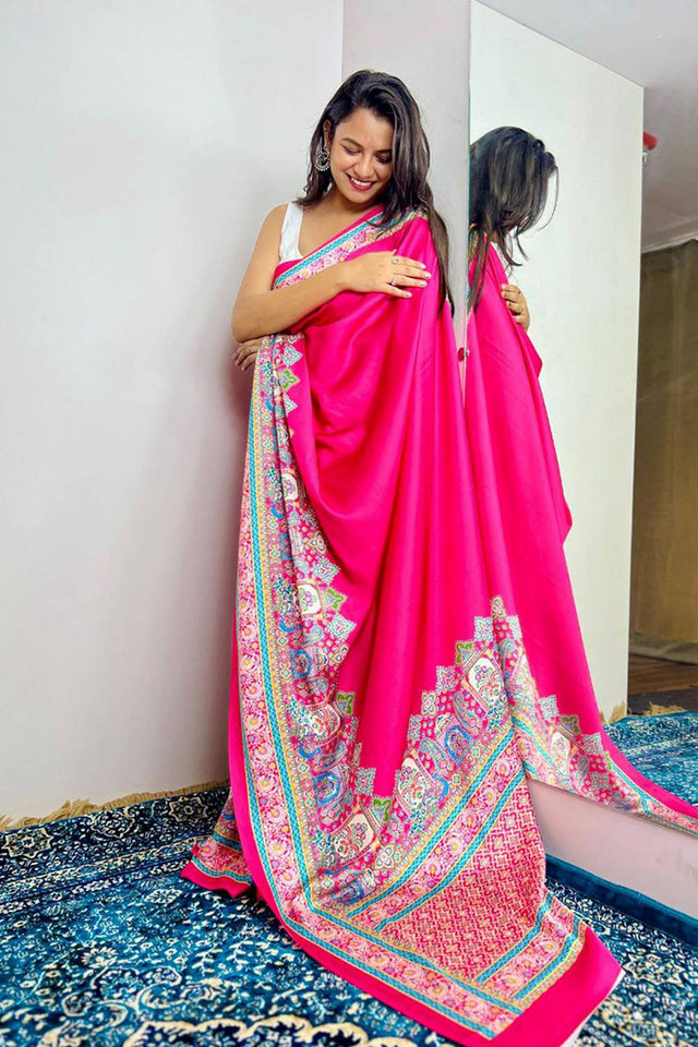 Magenta Printed Satin Saree
