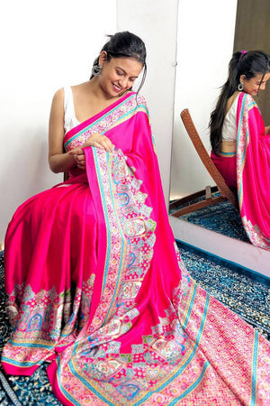 Magenta Printed Satin Saree