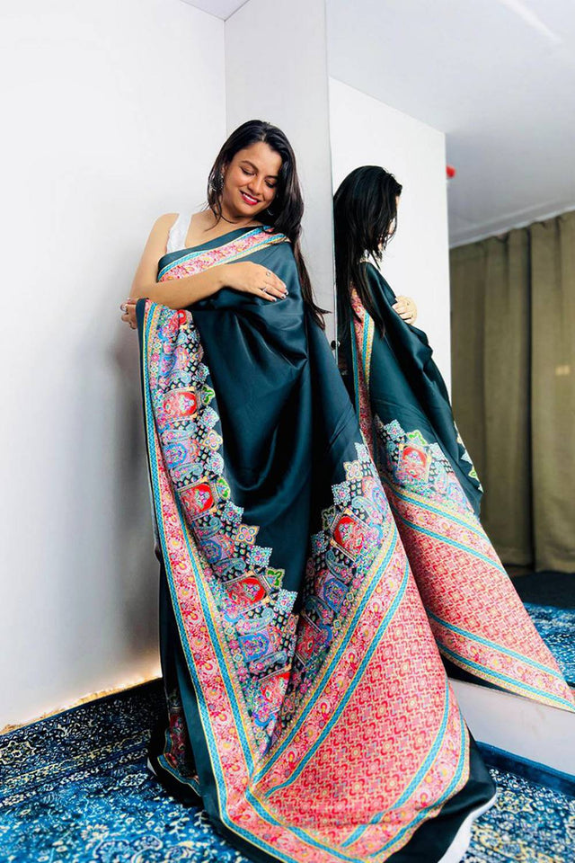 Black Printed Satin Saree