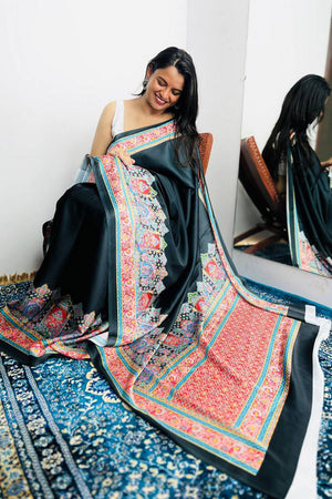 Black Printed Satin Saree