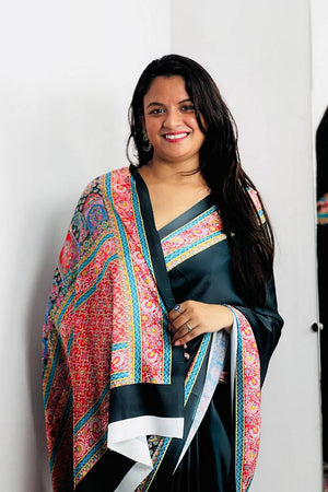 Black Printed Satin Saree