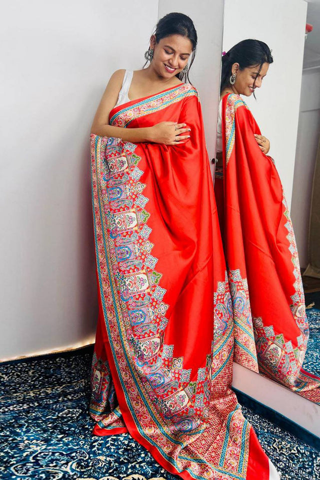 Red Printed Satin Saree