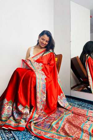Red Printed Satin Saree
