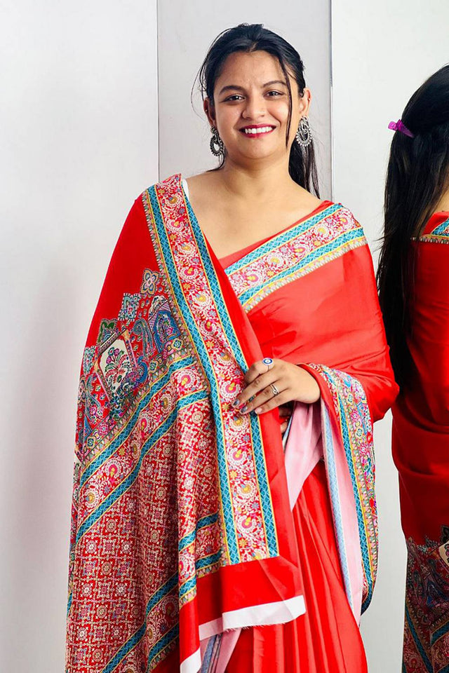 Red Printed Satin Saree