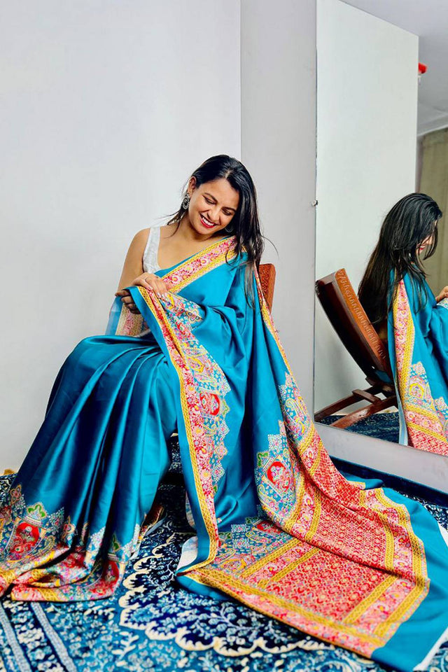 Light Blue Printed Satin Saree