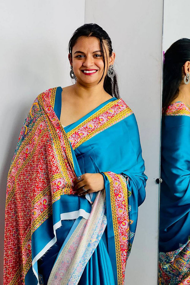Light Blue Printed Satin Saree