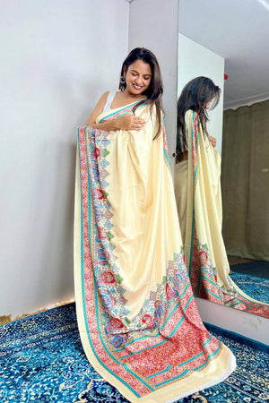 Off White Printed Satin Saree