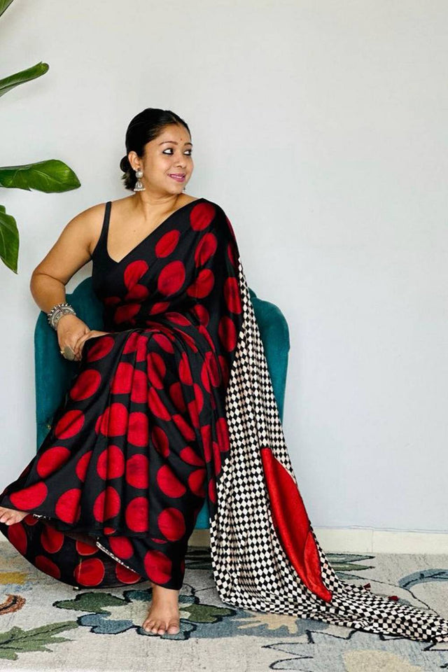 Black Printed Satin Saree
