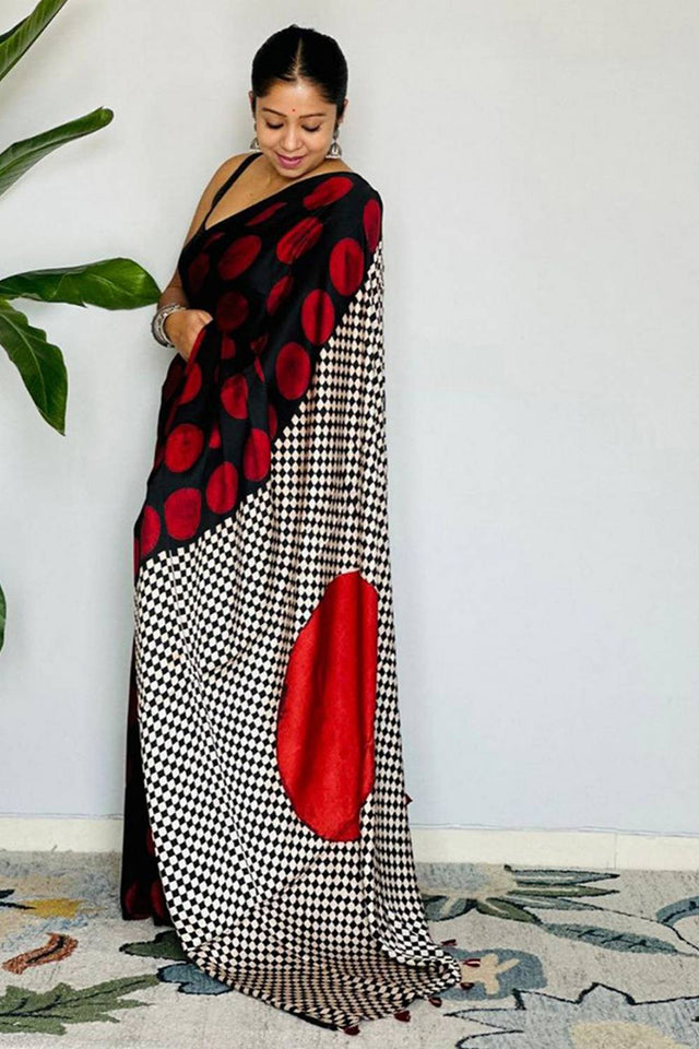 Black Printed Satin Saree