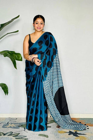 Light Blue Printed Satin Saree