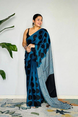 Light Blue Printed Satin Saree