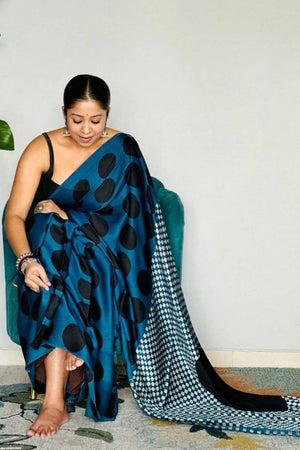 Light Blue Printed Satin Saree