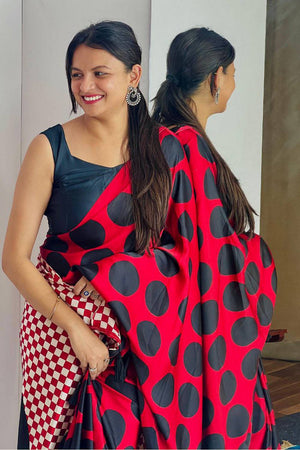 Red Printed Satin Saree