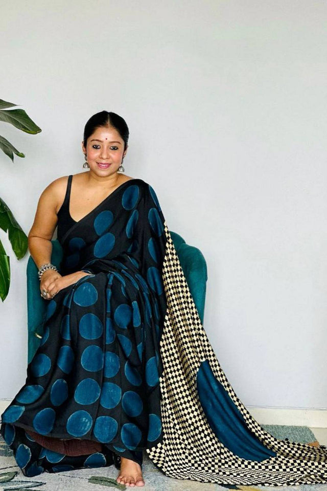 Black Printed Satin Saree