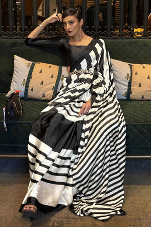 Black Printed Satin Saree