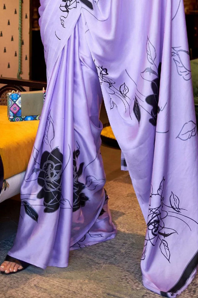 Lavender Printed Satin Saree (Sudha-133-A)