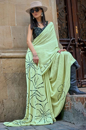 Sea Green Printed Satin Saree (Sudha-133-B)