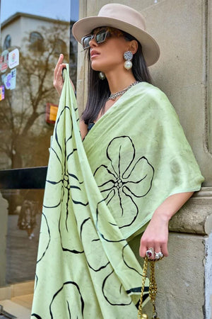 Sea Green Printed Satin Saree (Sudha-133-B)