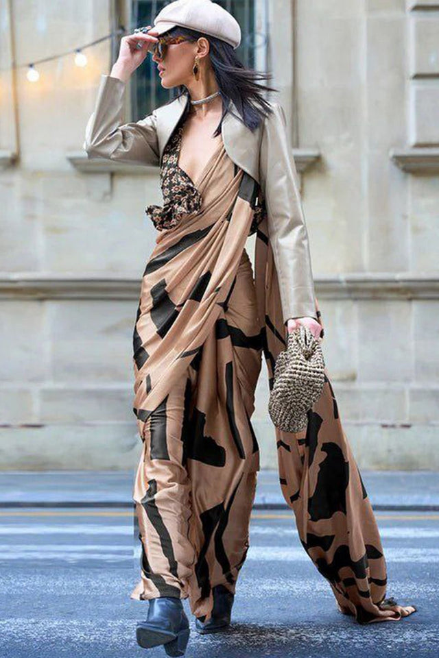 Brown Printed Satin Saree (Sudha-133-C)