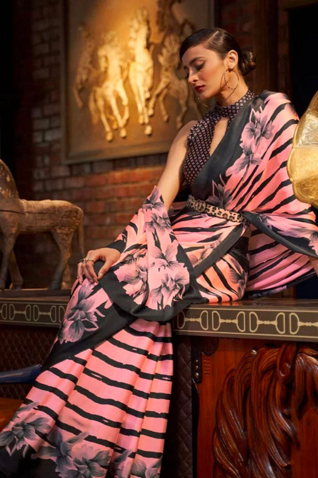 Dark Pink Printed Satin Saree (Sudha-133-D)