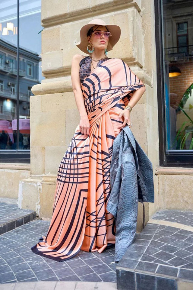 Peach Printed Satin Saree (Sudha-133-E)